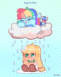 Size: 660x824 | Tagged: safe, artist:dusty-munji, applejack, rainbow dash, equestria girls, applejack is not amused, chibi, cloud, unamused