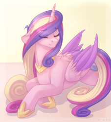 Size: 1548x1704 | Tagged: safe, artist:mich-art, princess cadance, alicorn, pony, cute, cutedance, eye clipping through hair, eyes closed, female, floppy ears, hoof shoes, jewelry, mare, prone, regalia, smiling, solo, two toned wings, wing fluff