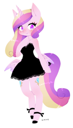 Size: 900x1558 | Tagged: safe, artist:divided-s, princess cadance, alicorn, anthro, unguligrade anthro, arm hooves, blushing, both cutie marks, clothes, dress, female, looking at you, mare, simple background, solo