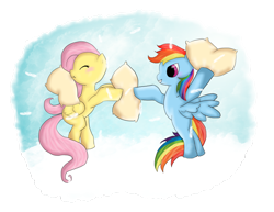 Size: 1024x790 | Tagged: safe, artist:cutiedash, derpibooru import, fluttershy, rainbow dash, pegasus, pony, blank flank, cloud, pillow fight, simple background, transparent background, younger