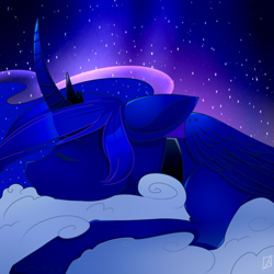 Size: 1024x1024 | Tagged: safe, artist:eerieelixir, princess luna, alicorn, pony, cloud, curved horn, ethereal mane, night, sleeping, starry mane, stars