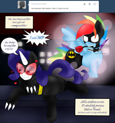 Size: 2250x2400 | Tagged: safe, artist:blackbewhite2k7, rainbow blitz, rainbow dash, rarity, pegasus, pony, unicorn, batman, catwoman, crossover, fantasizing, female, half r63 shipping, male, parody, rariblitz, raridash, rule 63, shipping, straight