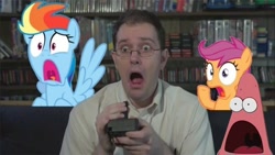 Size: 960x540 | Tagged: safe, edit, rainbow dash, scootaloo, pegasus, pony, angry video game nerd, crossover, patrick star, ponies in real life, reaction image, spongebob squarepants, surprised patrick, the spongebob squarepants movie