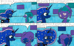 Size: 3279x2035 | Tagged: safe, artist:eternaljonathan, princess luna, oc, oc:nemo, alicorn, pony, comic:a new twist, comic, crying, dream, guardian, jewelry, teary eyes, traditional art