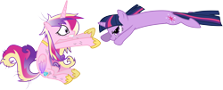 Size: 9680x3910 | Tagged: safe, artist:90sigma, princess cadance, twilight sparkle, unicorn twilight, alicorn, pony, unicorn, a canterlot wedding, colored wings, duo, female, gradient wings, mare, simple background, tackle, transparent background, vector