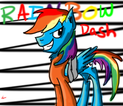 Size: 4179x3586 | Tagged: safe, artist:drakoraider, derpibooru import, rainbow dash, pegasus, pony, bound wings, clothes, prison outfit, prisoner, prisoner rd, smiling, solo