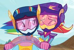 Size: 1323x906 | Tagged: safe, derpibooru import, screencap, rainbow dash, sunset shimmer, equestria girls, friendship games, eyes closed, motorcycle, riding in tandem, smiling