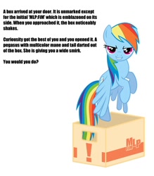 Size: 918x1050 | Tagged: safe, rainbow dash, pegasus, pony, box, bronybait, meme, question, text