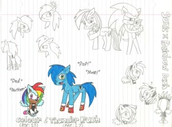 Size: 2208x1632 | Tagged: safe, artist:cmara, rainbow dash, oc, oc:colour, oc:thunder rush, pegasus, pony, crossover, crossover shipping, female, interspecies, lined paper, male, non-mlp oc, offspring, parent:rainbow dash, parent:sonic the hedgehog, parents:sonicdash, shipping, sonic the hedgehog, sonic the hedgehog (series), sonicdash, straight, traditional art