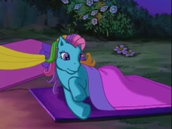 Size: 640x480 | Tagged: safe, rainbow dash, rainbow dash (g3), g3, the runaway rainbow, bed, blanket, sleeping bag