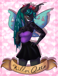 Size: 1280x1687 | Tagged: safe, artist:fatcakes, queen chrysalis, anthro, changeling, changeling queen, blushing, clothes, dress, hand on hip, killer queen, skirt, solo, wink