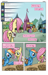 Size: 825x1275 | Tagged: safe, artist:giantmosquito, derpibooru import, applejack, fluttershy, rainbow dash, sea swirl, seafoam, earth pony, pegasus, pony, apple, cherry, comic, dr adorable, dr. horrible's sing-along blog, female, flutterdash, freeze ray, lesbian, market, saddle bag, shipping, song reference, tumblr, watermelon