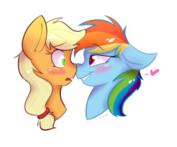 Size: 1200x1000 | Tagged: dead source, safe, artist:shiny-cooler, derpibooru import, applejack, rainbow dash, earth pony, pegasus, pony, appledash, bedroom eyes, blushing, boop, cute, eye contact, female, floppy ears, frown, grin, heart, lesbian, nose wrinkle, noseboop, nuzzling, open mouth, shipping, smiling, wavy mouth, wide eyes