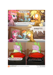 Size: 3541x5016 | Tagged: safe, artist:gashiboka, derpibooru import, applejack, pinkie pie, rainbow dash, spike, dragon, earth pony, pegasus, pony, comic:recall the time of no return, comic, older, older spike, patreon, patreon logo, shocked