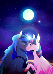 Size: 1909x2666 | Tagged: safe, artist:pumpkabooo, princess luna, twilight sparkle, twilight sparkle (alicorn), alicorn, pony, eyes closed, female, full moon, lesbian, looking at someone, mare, moon, night, night sky, shipping, sky, smiling, twiluna