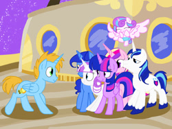 Size: 1024x768 | Tagged: safe, artist:andromedasparkz, night light, princess cadance, princess flurry heart, shining armor, twilight sparkle, twilight sparkle (alicorn), twilight velvet, oc, oc:harmony star, alicorn, pony, unicorn, once upon a zeppelin, airship, alicorn oc, sparkle family