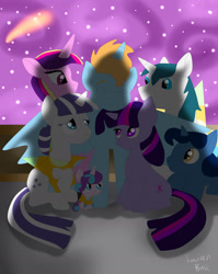 Size: 1600x2012 | Tagged: safe, artist:butterfrogmantis, night light, princess cadance, princess flurry heart, shining armor, twilight sparkle, twilight velvet, oc, oc:harmony star, alicorn, pony, unicorn, once upon a zeppelin, alicorn oc, canon x oc, hug, lifejacket, winghug