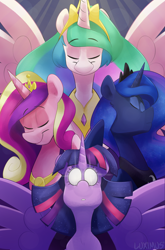 Size: 2528x3836 | Tagged: safe, artist:luximus17, princess cadance, princess celestia, princess luna, twilight sparkle, twilight sparkle (alicorn), alicorn, pony, alicorn tetrarchy, eyes closed, female, glowing eyes, mare, royal sisters, smiling, spread wings, wings