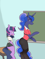 Size: 1700x2200 | Tagged: safe, artist:antelon, princess luna, twilight sparkle, alicorn, pony, unicorn, art pack:lesson learned 2, clothes, duo, female, miniskirt, pantyhose, pleated skirt, school, schoolgirl, skirt, standing, teacher