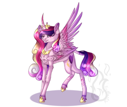 Size: 2048x1740 | Tagged: safe, artist:fireheartsk, princess cadance, alicorn, pony, beauty mark, body markings, chest fluff, curved horn, cutie mark, ear fluff, female, jewelry, leonine tail, mare, one eye closed, one wing out, regalia, simple background, smiling, solo, white background