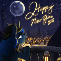 Size: 1000x1000 | Tagged: safe, artist:xxmarkingxx, princess luna, alicorn, pony, female, happy new year, happy new year 2018, hat, holiday, mare, mare in the moon, moon, new year, night