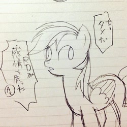 Size: 600x600 | Tagged: safe, artist:hamada, derpibooru import, rainbow dash, pegasus, pony, derp, japanese, lined paper, monochrome, solo, traditional art, translation request