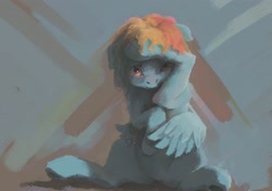 Size: 3657x2572 | Tagged: safe, artist:sharpieboss, derpibooru import, rainbow dash, pegasus, pony, cold, covering, floppy ears, fluffy, looking at you, painting, sitting, solo, underhoof, wing hands