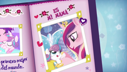 Size: 1920x1080 | Tagged: safe, screencap, princess cadance, princess flurry heart, alicorn, pony, album, female, mother and child, mother and daughter, mother's day, parent and child, spanish