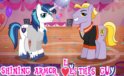 Size: 642x396 | Tagged: safe, edit, editor:horsesplease, idw, buck withers, shining armor, earth pony, pony, unicorn, caption, duo, expand dong, exploitable meme, gay, holiday, idw showified, image macro, male, meme, ruined, shiningwithers, stallion, text, valentine's day, wow! glimmer