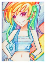 Size: 540x726 | Tagged: safe, artist:lemia, rainbow dash, clothes, female, humanized, multicolored hair, traditional art