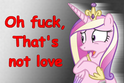 Size: 1600x1080 | Tagged: safe, princess cadance, alicorn, pony, disgusted, female, gradient background, love, meme, princess of love, reaction, reaction image, scared, shock, shocked, solo, text, vulgar