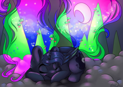 Size: 7016x4961 | Tagged: safe, artist:cutepencilcase, princess luna, alicorn, pony, abstract background, absurd resolution, cloud, crescent moon, female, mare, moon, mountain, redraw, sleeping, smiling, solo, tree