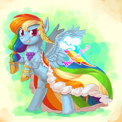 Size: 700x700 | Tagged: safe, artist:hanada, rainbow dash, pegasus, pony, the best night ever, clothes, cute, dashabetes, dress, female, gala dress, mare, pixiv, rearing, smiling, solo, spread wings, wings