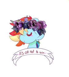 Size: 1800x2000 | Tagged: safe, artist:jaeasai, derpibooru import, rainbow dash, pegasus, pony, banner, blatant lies, feminist ponies, floral head wreath, mouthpiece, positive ponies, profile, solo, subversive kawaii