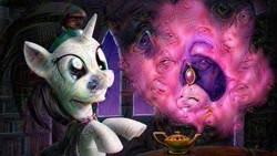 Size: 640x360 | Tagged: source needed, safe, artist:giantmosquito, pinkie pie, oc, pony, unicorn, deepdream, djinn, dream, genie, lamp, surreal