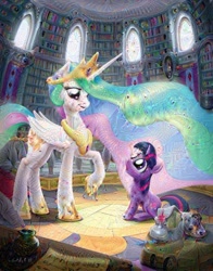 Size: 640x817 | Tagged: source needed, safe, artist:giantmosquito, edit, princess celestia, twilight sparkle, alicorn, pony, :o, book, cute, deepdream, dream, eye contact, filly, interior, library, looking up, open mouth, raised hoof, saddle bag, scroll, sitting, smiling, surreal, twiabetes, younger