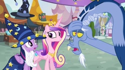 Size: 1920x1080 | Tagged: safe, screencap, discord, princess cadance, twilight sparkle, twilight sparkle (alicorn), alicorn, pony, three's a crowd, blue flu, clothes, costume, crown, jewelry, ponyville, regalia, sick, star swirl the bearded costume