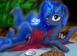 Size: 4086x2988 | Tagged: safe, artist:rnghat, princess luna, alicorn, pony, cookie, cup, female, food, levitation, looking at you, lying down, lying on the floor, magic, mare, prone, solo, telekinesis