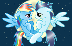 Size: 1024x652 | Tagged: safe, artist:linonka, rainbow dash, soarin', pegasus, pony, blushing, female, male, shipping, soarindash, straight