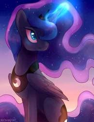 Size: 3240x4165 | Tagged: safe, artist:kodabomb, princess luna, alicorn, pony, cute, ethereal mane, female, glowing horn, lunabetes, mare, sitting, smiling, solo, starry mane, stars