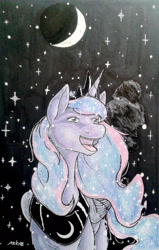 Size: 1584x2490 | Tagged: safe, artist:azkre, princess luna, alicorn, pony, moon, princess luna is amused, solo, stars, traditional art