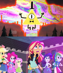 Size: 660x768 | Tagged: safe, derpibooru import, screencap, applejack, fluttershy, pinkie pie, rainbow dash, rarity, sunset shimmer, equestria girls, friendship games, bill cipher, crossover, dipper and mabel vs. the future, disney xd, gravity falls, image macro, meme, portal, spoiler, spoilers for another series, weirdmageddon