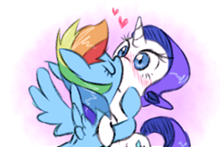 Size: 426x281 | Tagged: safe, artist:raridashdoodles, rainbow dash, rarity, pegasus, pony, unicorn, blushing, female, heart, hug, kissing, lesbian, mare, raridash, shipping, surprise kiss