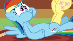 Size: 1280x720 | Tagged: safe, derpibooru import, edit, edited screencap, screencap, fluttershy, rainbow dash, pegasus, pony, dragon quest, cunt punt, faic, female, groin attack, mare, out of context