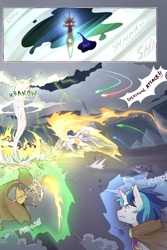 Size: 960x1440 | Tagged: safe, artist:cold-blooded-twilight, nightmare moon, princess celestia, shining armor, oc, oc:blazing saddles, alicorn, pony, unicorn, comic:cold storm, cloud, cloudy, comic, dialogue, dust, explosion, fire, raised wings, robes, torch, tornado