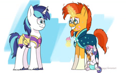 Size: 1280x743 | Tagged: safe, artist:yoshiniyuriyaya, princess flurry heart, shining armor, sunburst, alicorn, pony, unicorn, :p, armor, blaze (coat marking), clothes, cute, diaper, father and child, father and daughter, female, filly, food, glasses, glowing horn, horn, ice cream, ice cream cone, levitation, magic, male, messy eating, nervous, parent and child, robe, stallion, sunburst's glasses, sunburst's robe, sweat, sweatdrop, telekinesis, tongue out, unshorn fetlocks