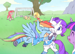 Size: 1280x923 | Tagged: safe, artist:raridashdoodles, applejack, fluttershy, pinkie pie, rainbow dash, rarity, twilight sparkle, earth pony, pegasus, pony, unicorn, clothes, cloud, eyes closed, female, football, grass, hug, mane six, mare, one eye closed, open mouth, sky, sports, tree