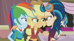 Size: 1440x803 | Tagged: safe, derpibooru import, screencap, applejack, dj pon-3, indigo zap, rainbow dash, vinyl scratch, equestria girls, friendship games