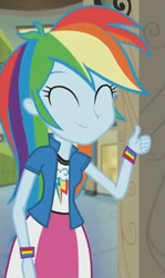 Size: 367x615 | Tagged: safe, derpibooru import, screencap, rainbow dash, equestria girls, friendship games, bracelet, cute, eyes closed, jewelry, lockers, reaction image, solo, thumbs up, wristband