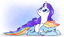 Size: 519x306 | Tagged: safe, artist:raridashdoodles, rainbow dash, rarity, pegasus, pony, unicorn, cute, eyes closed, female, floppy ears, leaning, lesbian, looking up, mare, prone, raridash, resting, shipping, sleeping, smiling